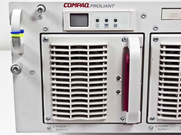 Compaq ProLiant 6400R front panel showing fan bay cover and dual power supply indicators labeled Power Supply 1 and 2