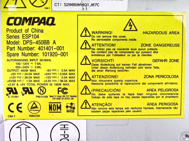 Compaq DPS-450BB A power supply label showing model ESP104, Part No. 401401-001, Spare No. 101920-001, 100-240V 450W