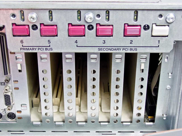 Compaq ProLiant 6400R PCI expansion bay showing 6 slots labeled Primary PCI Bus (slots 5-6) and Secondary PCI Bus (slots 1-4)