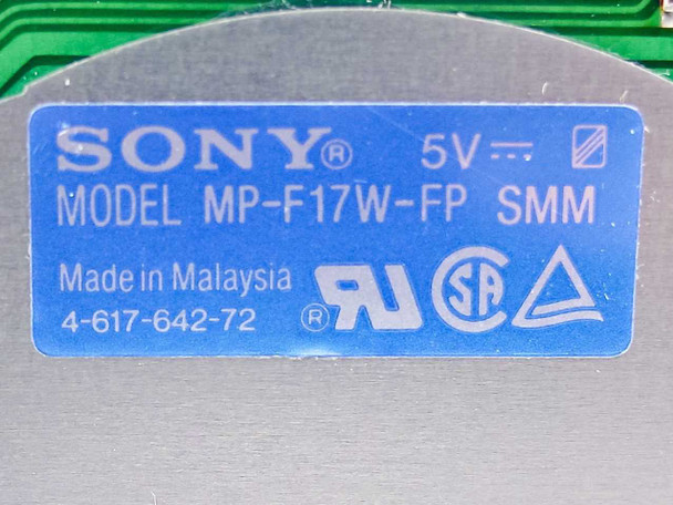 Sony MP-F17W-FP label closeup — model number, 5V DC rating, Made in Malaysia, part number 4-617-642-72