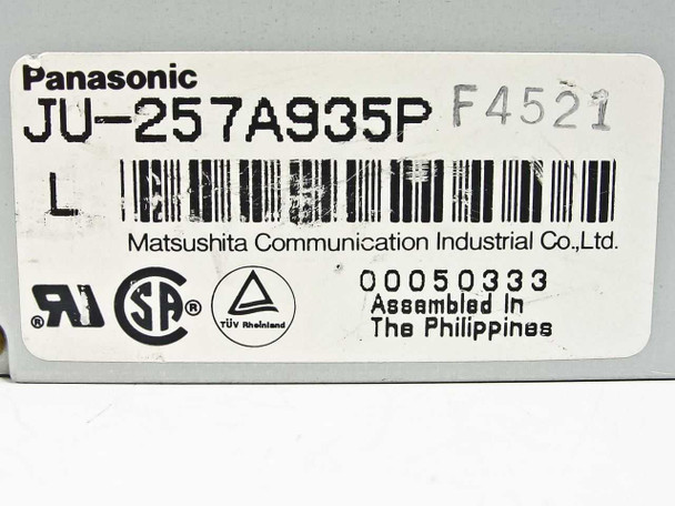 Panasonic JU-257A935P label closeup — shows model number, Matsushita manufacturer name, UL/CSA/TUV marks, assembled in Philippines