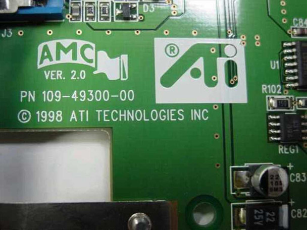 ATI Rage IIC PCB close-up showing AMC Ver. 2.0 label, part number 109-49300-00, and 1998 ATI Technologies copyright