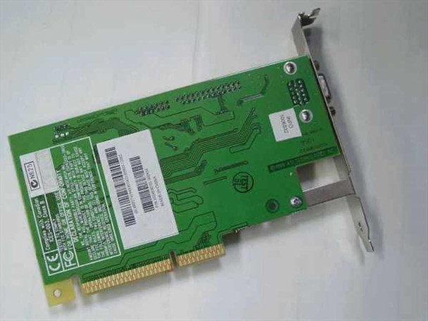 ATI Rage IIC 109-49300-00 AGP card rear PCB view showing compliance labels and barcode sticker