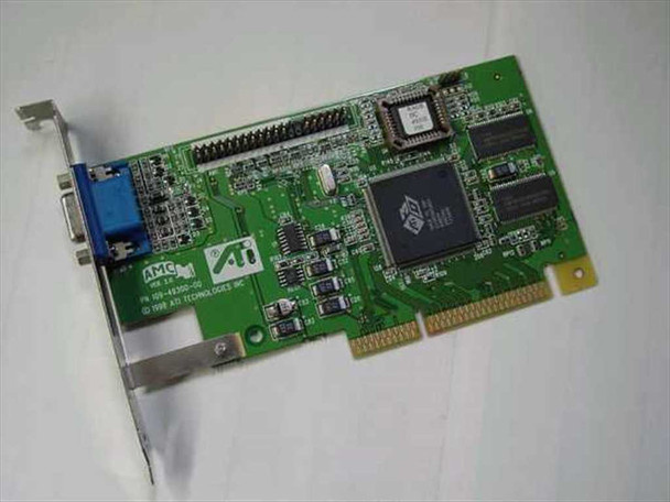 ATI Rage IIC 109-49300-00 AGP video card front view showing green PCB, ATI GPU chip, and VGA output bracket