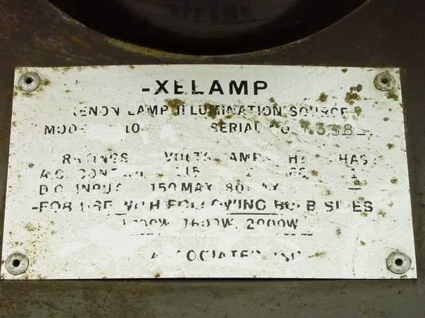 LP Associates 8510 Xelamp — rating plate showing model 8510, Xelamp Xenon Lamp Illumination Source, AC control 115V 2A 50/60Hz single phase, DC input 150A max 80A, for use with 1000W 1600W 2000W bulbs, by LP Associates