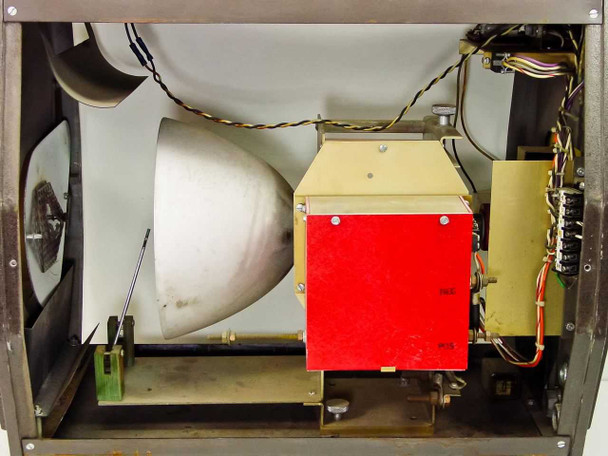 LP Associates 8510 Xelamp — interior view from front showing large conical reflector, red-covered transformer or ballast component, and right-side wiring panel
