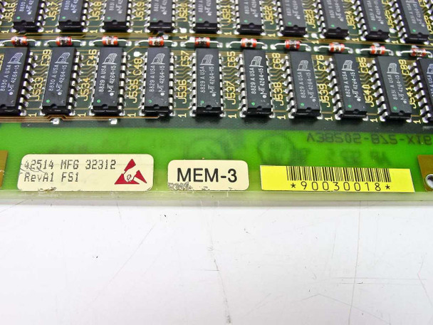Siemens MEM-3 card label close-up showing 42514 MFG 32312 RevA1 FS1 markings and serial barcode 90030018