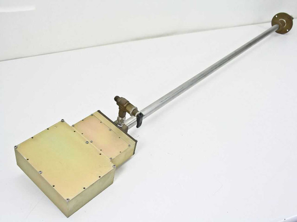 Vacuum chamber feedthrough tube – left-side view showing brass ball valve and lever handle mounted on the shaft near the enclosure box