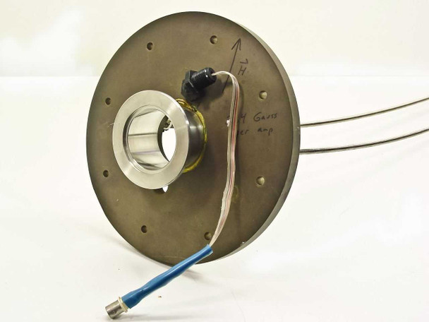 Side view of circular flanged end plate with central bore, handwritten '264 Gauss per Amp' label, blue BNC coaxial cable lead, and stainless rod attachment hardware
