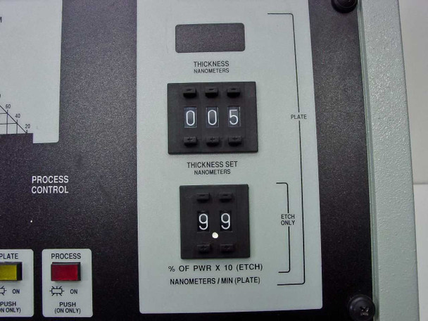 Anatech Hummer VII Etch/Plate Control panel showing Thickness Nanometers readout at 005 and Thickness Set at 9.9 Nanometers/Min