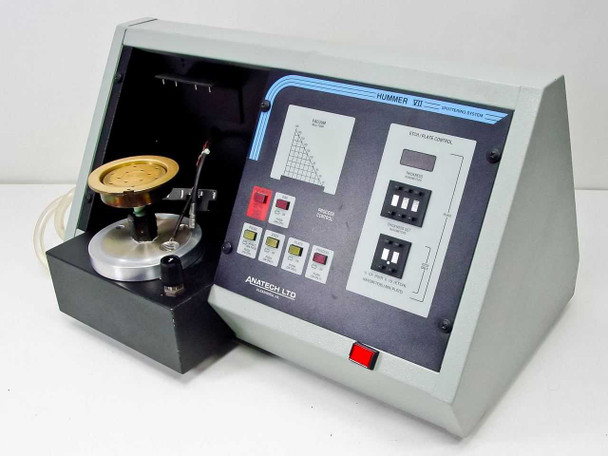 Anatech Hummer VII sputter coater front view showing sputtering chamber with gold target and control panel with process controls