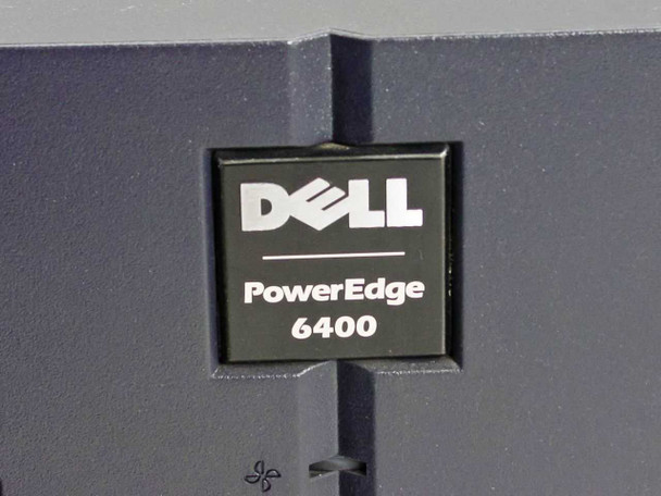 Dell PowerEdge 6400 nameplate badge close-up on dark gray tower chassis