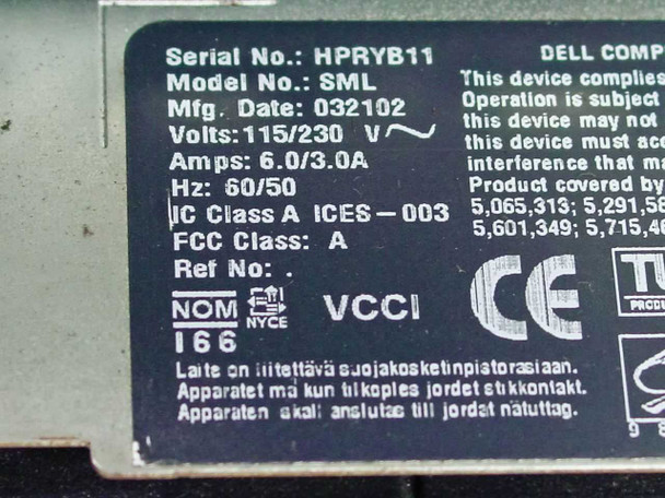Dell PowerEdge 6400 rating label — Serial No. HPRYB11, Model SML, 115/230V 6.0/3.0A 60/50Hz, Mfg. Date 032102