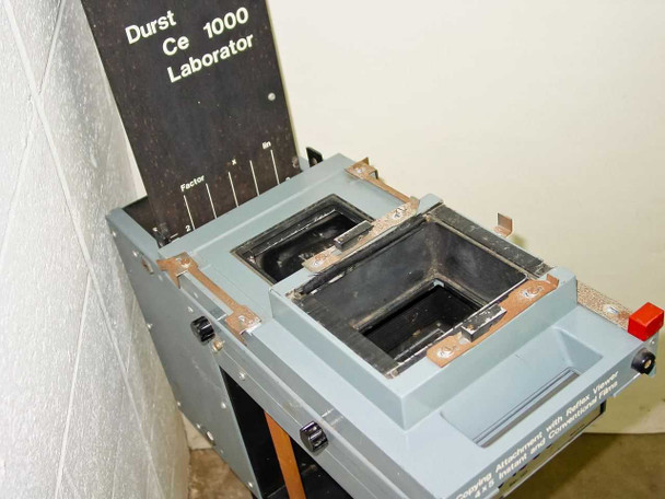 Durst Laborator Ce 1000 top-down view showing dual film bay openings on the Camcopy copying attachment housing with copper-toned trim rails