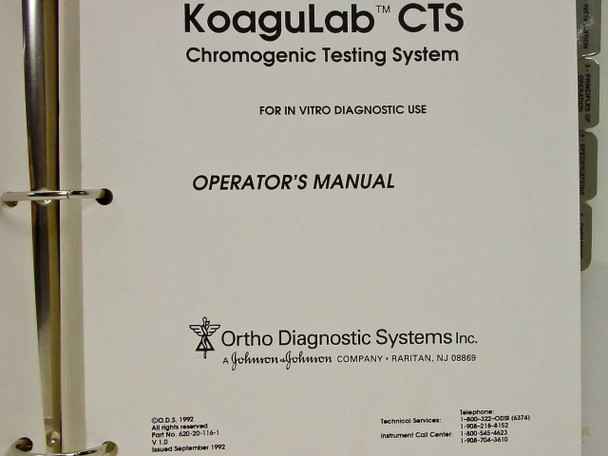 KoaguLab CTS Operator's Manual title page showing part number 620-20-116-1, issued September 1992, Ortho Diagnostic Systems a Johnson & Johnson Company, Raritan NJ