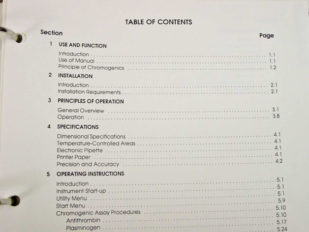 KoaguLab CTS Operator's Manual table of contents – sections 1 through 5 covering Use and Function, Installation, Principles of Operation, Specifications, and Operating Instructions