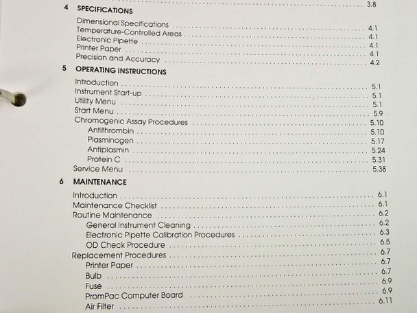 KoaguLab CTS Operator's Manual table of contents detail – sections 4 and 5 including Specifications, Operating Instructions, and Chromogenic Assay Procedures for Antithrombin, Plasminogen, Antiplasmin, and Protein C