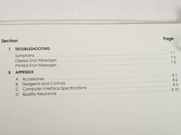 KoaguLab CTS Operator's Manual table of contents – sections 7 and 8 covering Troubleshooting and Appendix including Accessories, Reagents and Controls, Computer Interface Specifications, and Quality Assurance