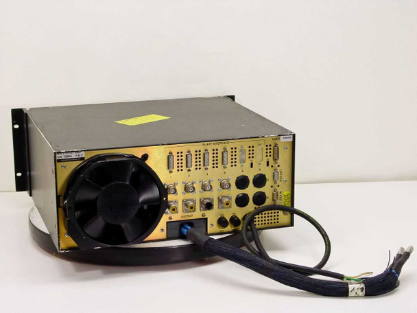 Advanced Energy PE-10/20K rear panel view showing large cooling fan, Slave Interface connectors, RF output ports, CEX OUT, and 40kHz label on yellow rear panel