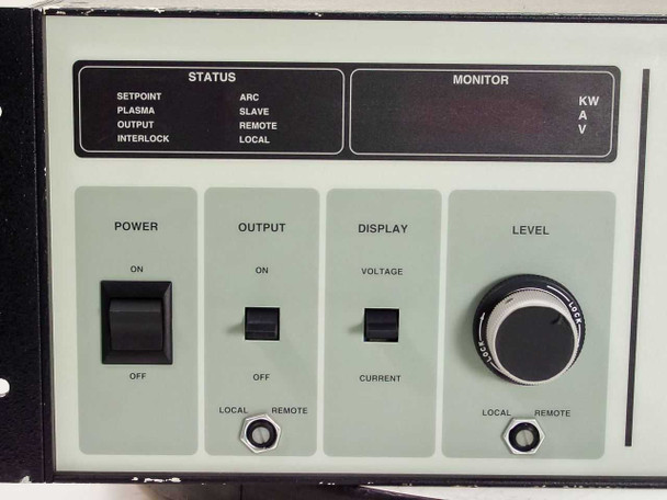 Advanced Energy PE-10/20K front panel control section closeup showing STATUS indicators (SETPOINT, PLASMA, OUTPUT, INTERLOCK, ARC, SLAVE, REMOTE, LOCAL), MONITOR display, and POWER/OUTPUT/DISPLAY/LEVEL switches