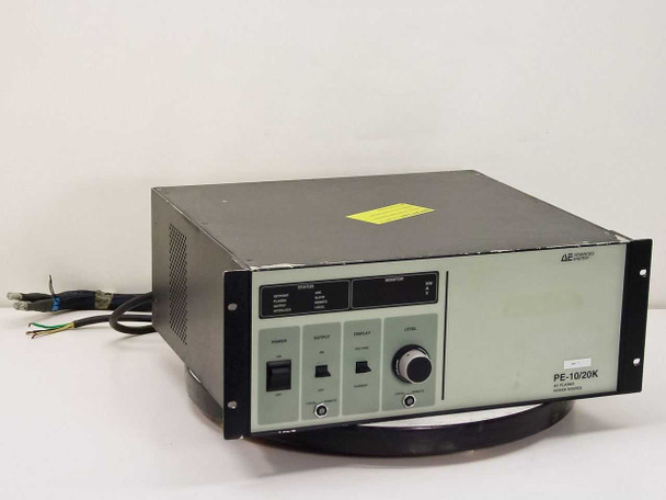 Advanced Energy PE-10/20K AC Plasma Power Source front panel view showing STATUS and MONITOR display, POWER/OUTPUT/DISPLAY/LEVEL controls, and PE-10/20K model label