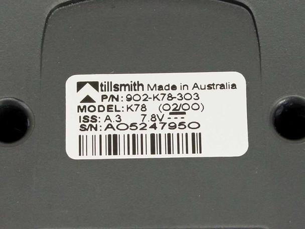 Tillsmith K78 rating label close-up showing P/N 902-K78-303, Model K78, date code 02/00, ISS A.3, S/N AO5247950, Made in Australia