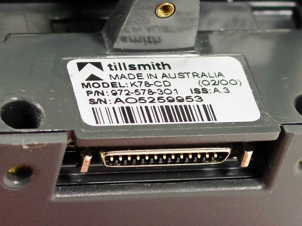 Tillsmith K78-CD label close-up showing Model K78-CD, P/N 972-578-301, ISS A.3, date code 02/00, S/N AO5259953, and DB25 connector port