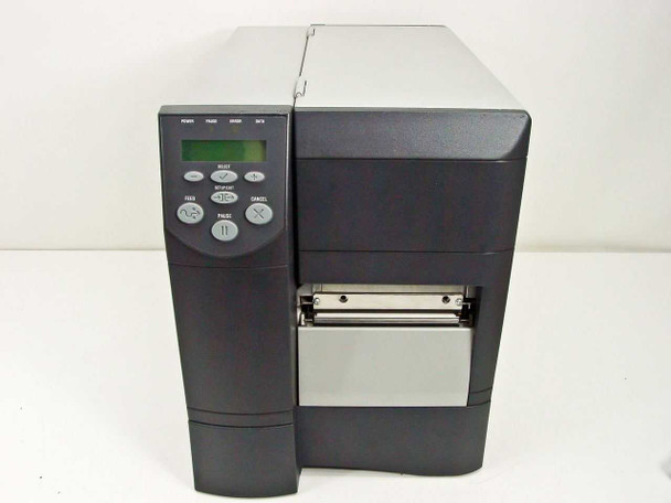 Zebra Z4 label printer front-left view with cover closed showing LCD control panel and label exit