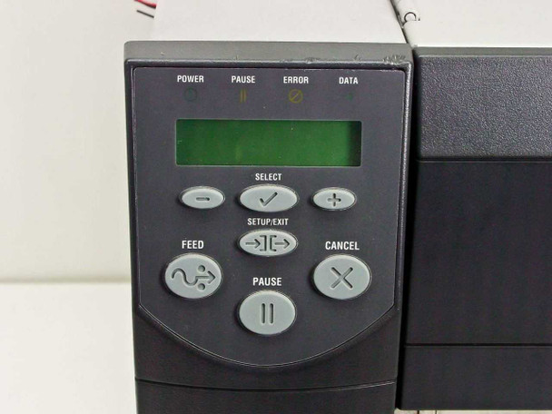 Zebra Z4 label printer front control panel close-up showing LCD, Power, Pause, Error, Data indicators and buttons