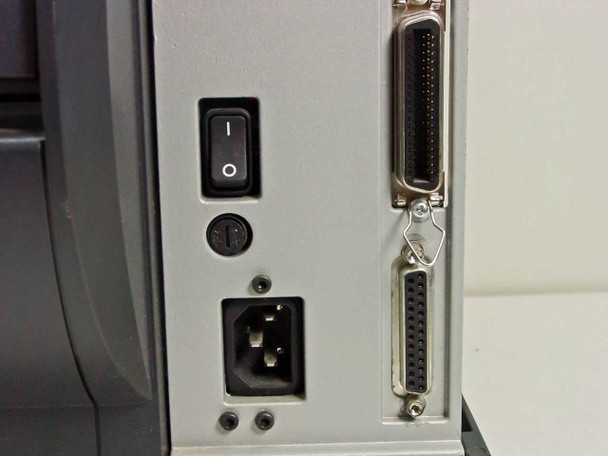 Zebra Z4 label printer rear panel showing power switch, IEC AC inlet, and dual Centronics parallel ports
