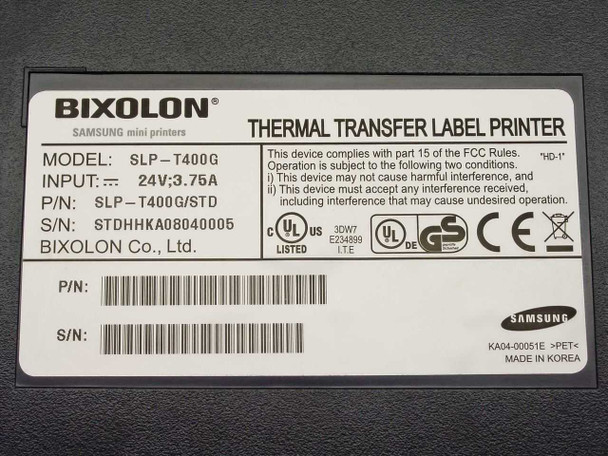Bixolon SLP-T400G rating label showing model SLP-T400G, P/N SLP-T400G/STD, 24V 3.75A input, Made in Korea