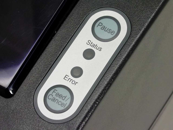 Bixolon SLP-T400G front control panel showing Pause button, Feed/Cancel button, Status LED, and Error LED