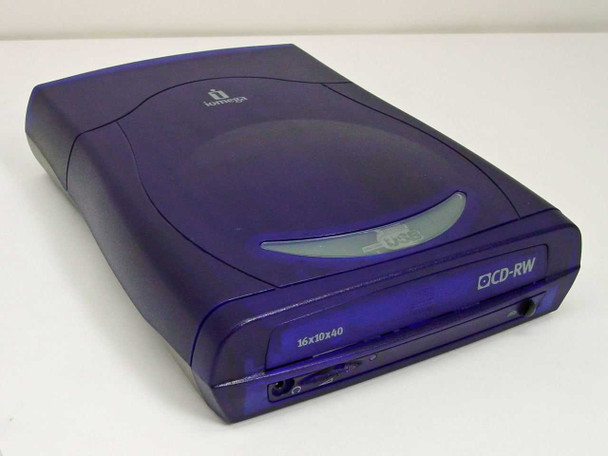 Iomega 30799800 External CD-RW Drive angled top view showing Iomega logo and disc tray with 16x10x40 marking