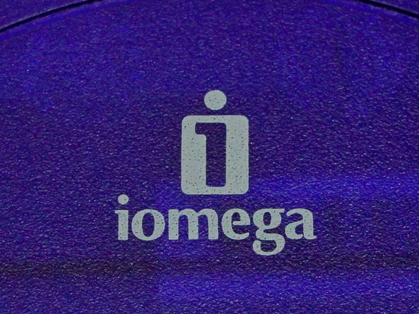 Iomega logo close-up on top of the external CD-RW drive housing in purple finish