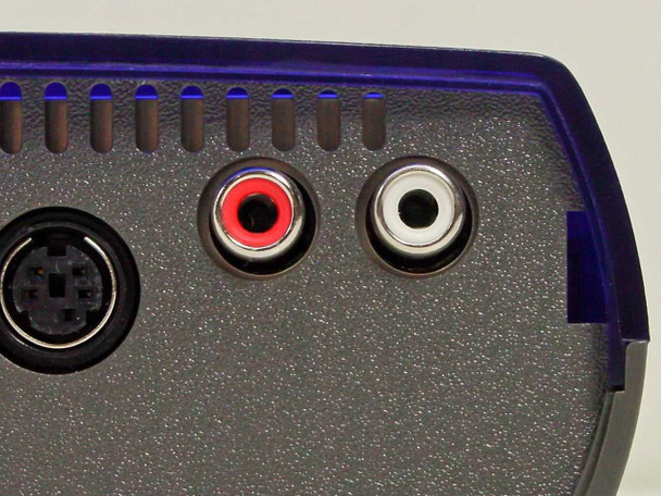 Iomega 30799800 rear panel close-up showing red and white RCA audio output jacks and S-Video port