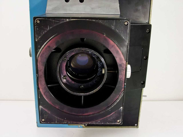 NAC PH-701 Film Motion Analyzer lens port showing the Fujinon 300mm f/4.5 lens mounted in housing with purple-coated barrel