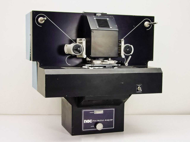 NAC PH-701 Film Motion Analyzer front view showing film transport deck, dual film reels, and black enclosure with NAC logo