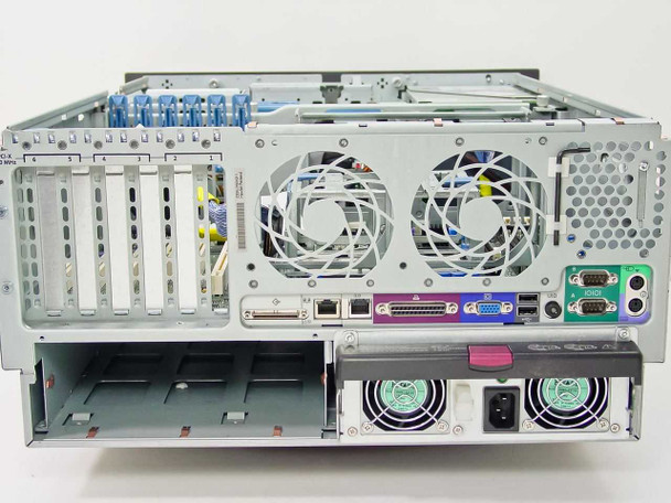 HP ProLiant ML370 rear panel view showing VGA port, dual RJ-45, parallel port, dual DB9 serial ports, and redundant power supply with dual fans