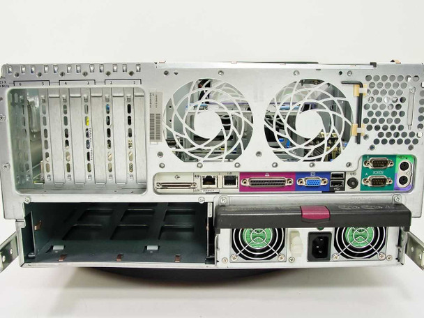 HP ProLiant ML370 rear panel view showing dual cooling fans, NIC port, VGA, USB, parallel, serial connectors, and redundant PSU bays
