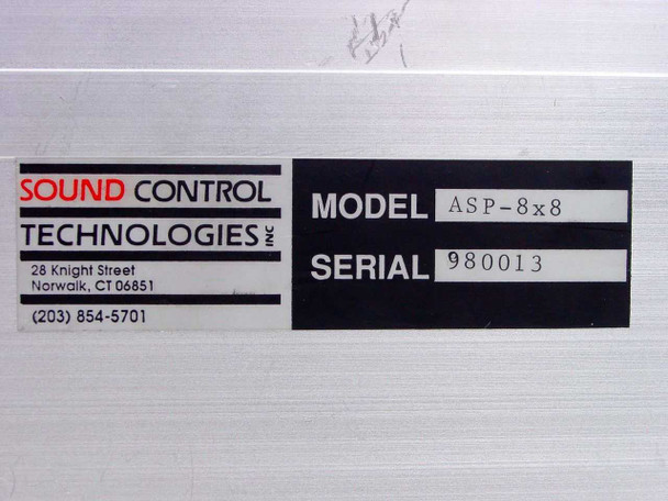 Sound Control Technologies ASP-8x8 model and serial number label on bottom of unit