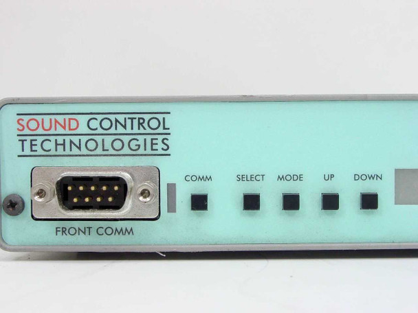 Sound Control Technologies ASP-8x8 front panel close-up – FRONT COMM DB9 port and COMM, SELECT, MODE, UP, DOWN push buttons