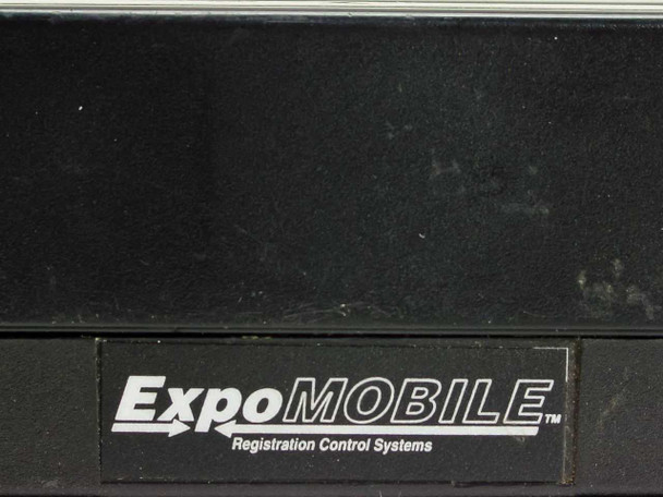 ExpoMobile Registration Control Systems logo label on Posh MR3 card reader – close-up of branding