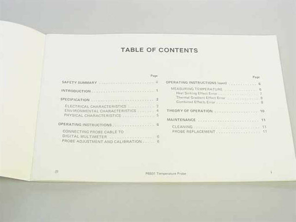 Tektronix P6601 Temperature Probe Instruction Manual — interior Table of Contents page listing Safety Summary, Specifications, Operating Instructions, Measuring Temperature, Theory of Operation, and Maintenance sections