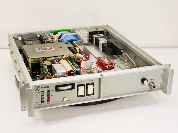 Varian VZC6961D7G1 TWTA rackmount amplifier — front panel and open top view showing internal components