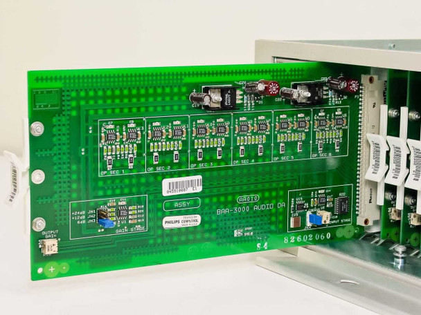 BAA-3000 audio DA card PCB top view showing multiple op-amp sections labeled OP SEC 1 through OP SEC 4 and Philips Computrol markings