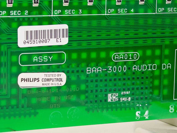 BAA-3000 audio DA card PCB label close-up showing ASSY AA010, BAA-3000 AUDIO DA designation, Philips Computrol, BTS markings, and part number B54-041714-001D
