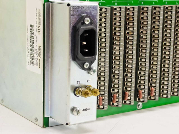 Philips BTS RF-3000A chassis rear power inlet detail showing 120/240V 1.5A 47-63Hz rating plate, IEC C14 connector, TE/PE ground posts, and AUDIO label