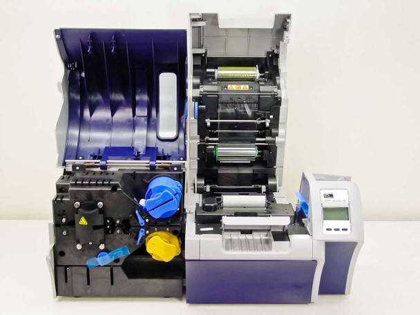Zebra ZXP Series 8 interior view with covers open showing print head assembly, ribbon path, and laminator rollers