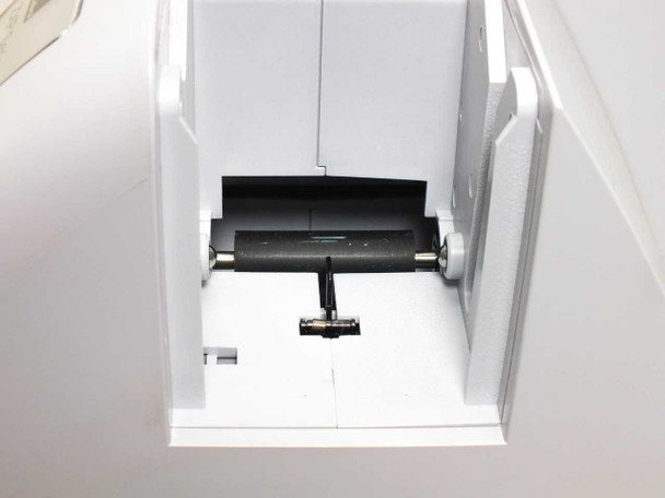 Zebra ZXP Series 8 card compartment interior close-up showing roller assembly and card path with cover removed