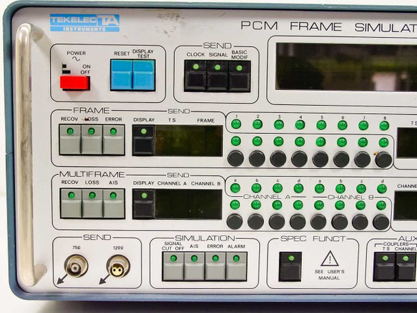 Tekelec TE820B – left half of front panel showing Power switch, Reset, Display Test, Frame and Multiframe Send controls with green LED indicators